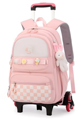Amythe Mochila Escolar con Ruedas para Niñas, Mochila con Carro para Chicas de Primaria y Secundaria con Colgante, Mochilas Escolares con 6 Ruedas para Adolescentes, Rosa