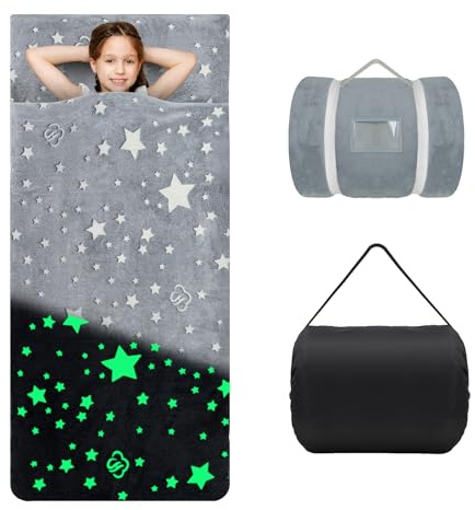 decalsweet Schlafsack Kinder, Leuchtendes Kinderschlafsack 170×75cm | Doppelter Reißverschluss,Faltbare Schlafsack mit Kissen Abnehmbar,Weich Warm,für Outdoor Indoor Camping,für Mädchen Jungen