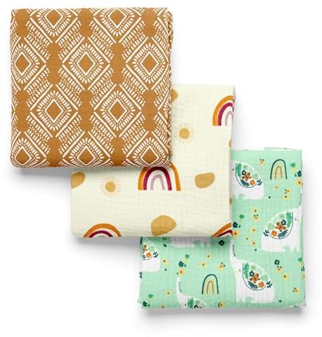 PEKEL'S Coperte in mussola per bambini, 120 x 110 cm, confezione da 3 | 100% cotone morbido e traspirante | panni grandi avvolgibili per neonato, culla, passeggino o regalo per baby shower