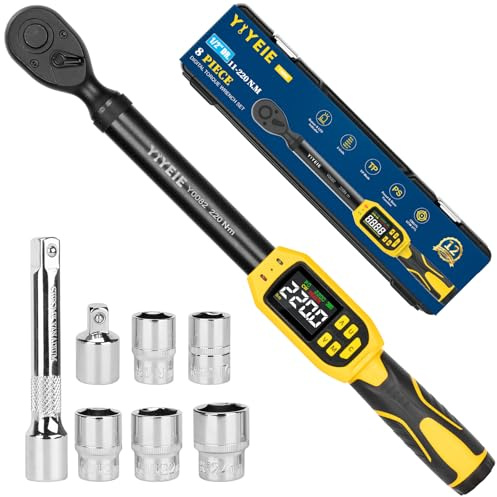 YIYEIE 8PC Digital Torque Wrench 1/2 Drive | 8.5-160 ft-lb | ±1% Accuracy | Smart Alert Multi | 1/2-Inch Go-To Tire-Lug Kit for Moto, Auto, DIY with 5 Sockets, Extension Bar, Adapter | 16.5 inch long