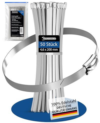 GARSIDURO® Edelstahl Kabelbinder lang 200mm x 4,6mm [50 Stück] | Metall Kabelbinder rostfrei | Metallkabelbinder UV beständig geeignet als Bindedraht für Auspuffrohre, Kabelmanagement, Zaun etc.
