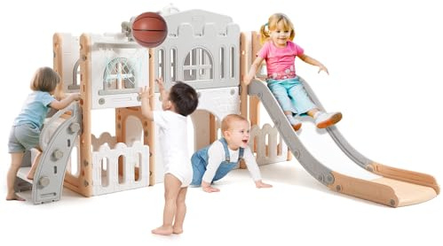 Kids Slide 8 In 1, Large Toddler Slide Playground Outdoor & Indoor With Basketball Hoop, Climber, Telescope, Tunnel and Storage Space, Freestanding Slides for Age 1-3