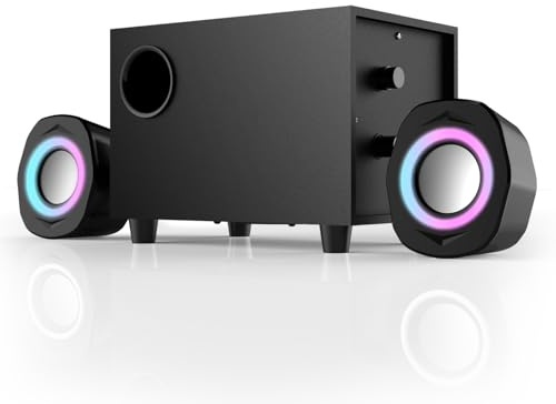 WMQ 2.1 PC Speakers with Subwoofer, Desktop Computer Speakers Gaming, Speakers for Monitor, Stereo Speaker Set, 3.5mm Aux, USB Powered, Volume Control,LED Lights
