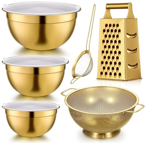 Baderke 6-teiliges goldenes Küchenzubehör-Set enthält 3 goldene Rührschüsseln mit luftdichten Deckeln, Edelstahl-Sieb, Reibe und feinmaschiges Sieb (Rührschüsseln: 3,7/5/7 Qt, Sieb: 5 Qt)
