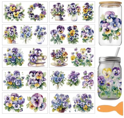 arricraft 10 Stück Lila Blumen PVC Becher Transferaufkleber Veilchen Und Stiefmütterchen Blumenmuster UV Wasserfester Becheraufkleber Für Gläser Fenster Heimdekoration 16cm