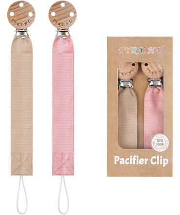 TYRY.HU Schnullerkette Mädchen Stoff Schnullerkette Clips Jungen Weiches Gewebe Polyester Schnuller Halter Set Holz Schnullerband Baumwolle Schnullerband für Neugeboren Geschenk 4 Pack