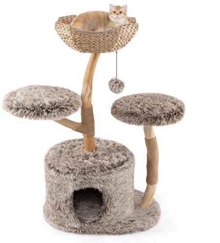 SOARS Kratzbaum Holz, 105 cm Katzenbaum mit Weidenkorb, Höhle, 2 Plattformen und Plüschball, Katzenkratzbaum klein, Kletterbaum für Katzen, Katzenmöbel
