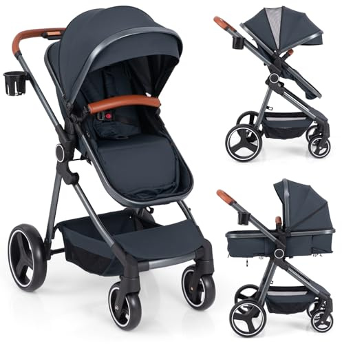 COSTWAY Baby Pushchair, Foldable Travel System Pram with Reversible Seat, Adjustable Canopy & Backrest, Storage Basket, Cup Holder, Aluminum Structure Stroller for 0-36 Months (Dark Blue)