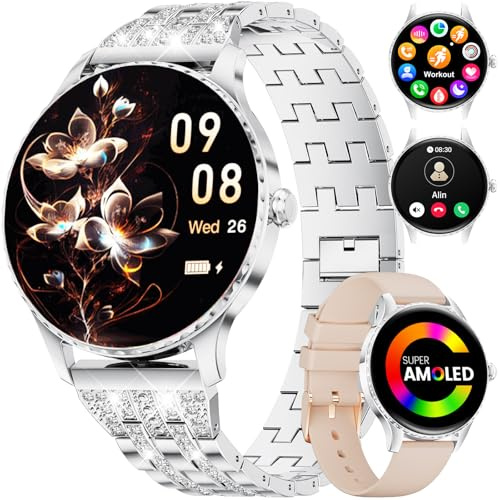 FitVigor Smartwatch Damen - Luxus-Metallarmband mit Strass/1.32 HD AMOLED Display/270+ Zifferblätter, Fitnessuhr mit 110+ Sportmodi,Schlaftracking,Telefonfunktion,Uhr für iOS Android,Silber