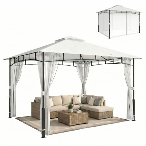 Outsunny Garten Pavillon 3x3,6 m Wasserabweisend mit Moskitonetz Schwarz | Stabil, Doppeldach, aus Metall, für Garten, Terrasse
