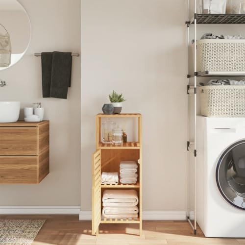 Traylux Armoire de salle de bain en bambou avec étagère 36 x 33 x 87 cm, armoire polyvalente avec porte et compartiment, armoire debout pour salle de bain et bureau, armoire en bois avec espace de