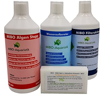 MIBO Spar Set Aquarium Pflege 3 x 1000ml + Algenradierer Wasseraufbereiter Algenvernichter Filteraktivator