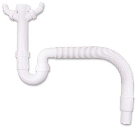 AQUADE Sifone da cucina 1 1/2 x 40/50 mm con tubo di scarico flessibile e doppio collegamento per dispositivi Ø 19 – 23 mm – sifone per lavandino