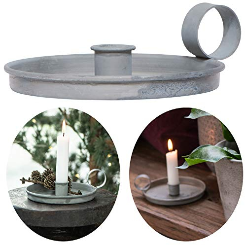 LS-LebenStil Retro Metall Kammerleuchter Grau 13cm Henkel Kerzenhalter Vintage Kerzenständer Kerzenhalter Kerzenleuchter Handleuchte für Stabkerzen/Tafelkerze Advent Weihnachten