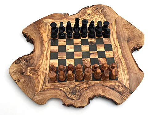 Schachspiel rustikal,Schachbrett Gr. M inkl. Schachfiguren, handgemacht aus Olivenholz, Geschenkidee ab 14 Jahre.