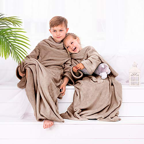 DecoKing Barnfilt med ärmar 90 x 105 cm beige mikrofiber TV-filt gosig filt mjuk fleecefilt kiddo