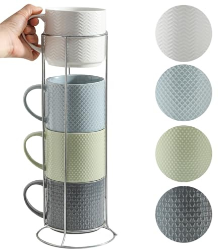 HASENSE Coffee Mugs with Metal Stand,15 oz Ceramic Stackable Mug Set Embossed Latte Cup, Ceramic Coffee Cups with Handle for Cappuccino and Tea, Multi Color