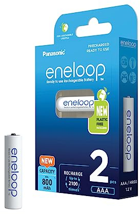 eneloop, batterie ricaricabili AAA/Micro, confezione da 2, capacità di min. 800 mAh, batterie Ni-MH, pronte all'uso, ricaricabili fino a 2000 volte, confezione senza plastica, standard, bianche