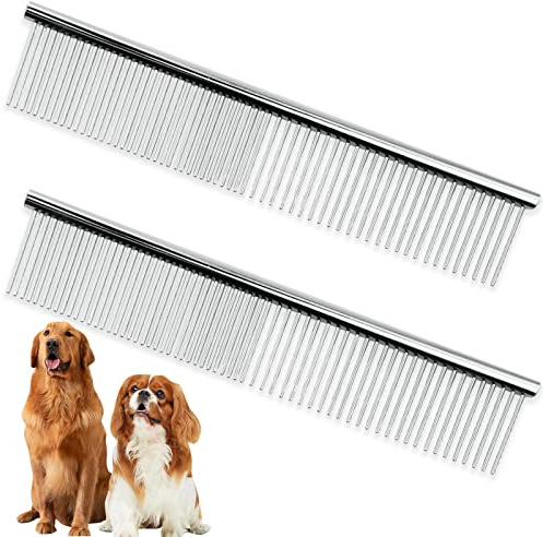 Peine de Aseo de Mascotas de Acero Inoxidable Peine de Perros de Dientes Redondeados para Perros y Gatos Grandes, Medianos y Pequeños con Pelo Corto/Largo Enredado (19 x 3.5 cm)