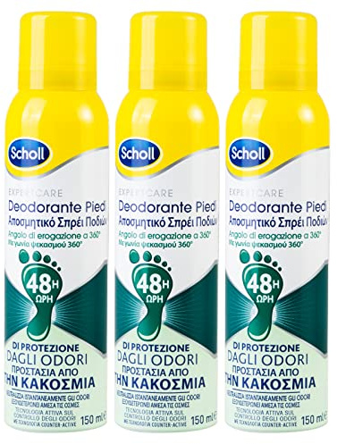 Scholl ExpertCare Feet Deodorant Anti-lukt Spray Anti-Andas 48h för torr hud med fräsch och lätt doft mot dålig lukt med dispenser 360° - 3 150 ml flaskor