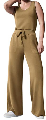 Jumpsuit Damen Sommer - Latzhose Damen Arbeitshose Tank Overall Damen Elegant Ärmellose V-Ausschnitt Bequeme Lässig Arbeits Einteiliger Hose mit Taschen Straight Weites Bein Jumpsuits Frauen