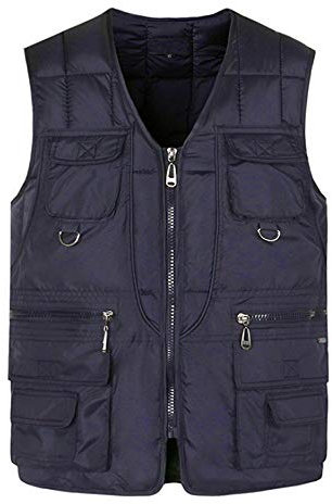 LOIJMK Arbeitsweste Herren ReißVerschluss Mit Vielen Taschen Angelweste Winter Warme Herrenweste Blau Vintage Klassicher Sportweste Cardigan V Ausschnitt Taktische Weste Mantel