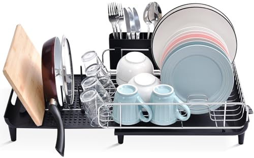 Urackify Egouttoir Vaisselle, Égouttoir à Vaisselle Extensible, Egoutoire Vaisselle Cuisine Pliable avec Porte-Couverts Amovible, Grand Egouttoir Vaisselle Noir