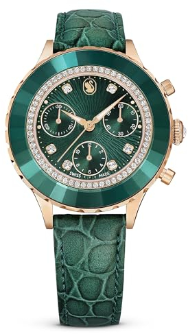 Swarovski Orologio Octea Chrono, Fabbricato in Svizzera, Cinturino in pelle, Verde, Finitura in tono oro rosa