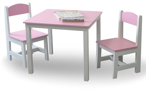 habeig Kindertisch & 2 Stühle, Kindersitzgruppe, Kindermöbelset, Hocker, Schreibtisch, Tisch- und Stuhlset, Kinderzimmer, 60x50x50cm (Rosa/Weiss)