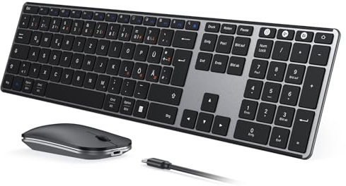 seenda SKM64-3 Bluetooth Tastatur mit Maus, Wiederaufladbare Dualmodus USB & Bluetooth Tastatur aus Metall, Ultradünne Leise Tastatur Maus Set kabellos für PC/Tablet/MacOS, QWERTZ Layout(Grau)