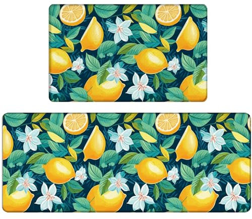Bulijojo Lemon Anti-Ermüdungs-Küchenbodenmatten, 2er-Set, wasserdicht, Küchenspüle, Läufer, Teppich, Stehmatte, gepolsterte Küchenteppiche, Komfort-Fußmatte, 43,2 x 119,4 cm + 43,2 x 71,1 cm