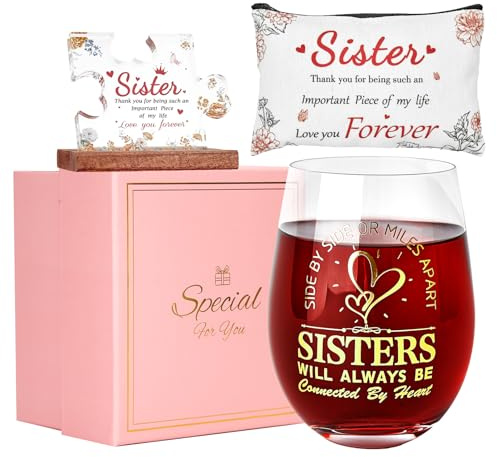 JOONYOEE Sister Birthday Gifts, Personalised Stemless Red Wine Glass Gifts Set for Women Her Girls Adult, Christmas Birthday Ideas Gifts for Sister in Law from Brother, 19 Oz