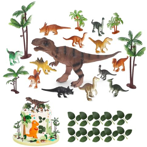 28pcs Realist Dinosaur Figures Cake Topper Set, Dinosaur Cake Decorations with Coconut Trees Green Leaves, Dinosaur Birthday Toppers for Boys Girls Baby Shower Party Supplies