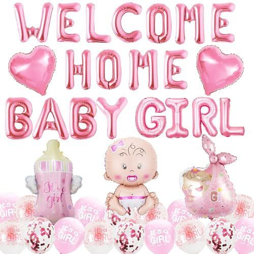Xietaea Willkommen Zuhause Deko Mädchen - 40 Stück Babyparty Dekoration mit Welcome Home Baby Girl Girlande, Luftballons und Folienballon für Baby Shower Kinder