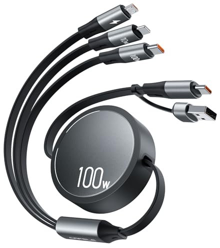 CAFELE 100W Câble Multi Chargeur USB A/C,6 en 1/110CM Enrouleur Câble,PD3.0 5A Cable Multi Embout Type C/Phone/Micro USB pour Phone 17,16,16 Pro Max,15 Série,MaBook,Pad,Galaxy,Huawei,Tablet