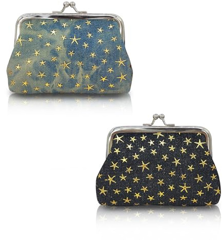 WisePoint 2 PCS Münzbörsen für Damen, Denim Stoff Kleines Portemonnaie Modische Kleine Geldbörse mit Dem Kiss Lock, Leichte Damen Geldbörse für Veränderung,Schlüssel, Lippenstift (schwarz+hellblau)