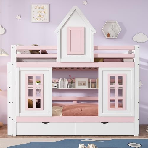 Litera cama de princesa, cuna con techo y ventana, barandilla anticaídas y estable, dos cajones con ruedas, estante abierto, amplio espacio de almacenamiento, pino+MDF