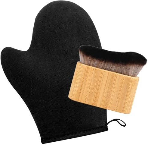 Self Tanning Mitt and Kabuki Brush 2 in 1 Set Double Sided Velvet Glove with Non Slip Grip and Ergonomic Applicator for Streak Free Sunless Tan Body Face