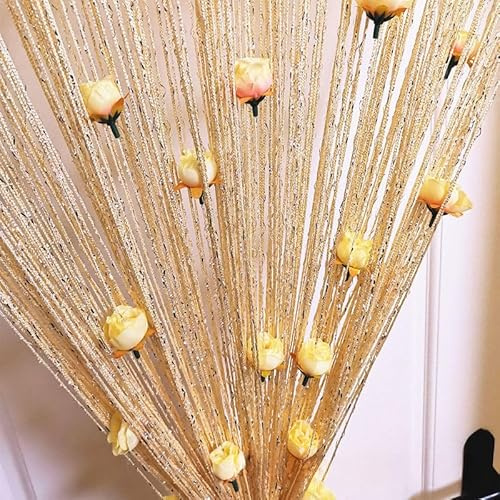 YKAFADE Fadenvorhang 2 Stück 100x200cm Dekorative Gardine Raumteiler Dekoration mit Rosen Blumen Türvorhang Fliegenschutz Hochzeit Fadengardine Glitzer schön für Party,Café,Restaurant,Beige