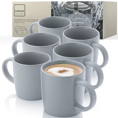 SÄNGER Leeds Sterling | Kaffeebecher teilig, Steingut Tassen Set für 6 Personen, Tassen, spülmaschinen- mikrowellenfest, Coffee Mug Teetasse, Kaffeetassen grau 380 ml | VALUE COLLECTION