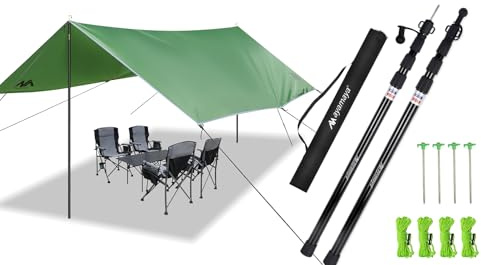 Camping Tarp + Poles, 4-Section Heavy Duty Aluminum Telescoping Poles, 10x15 FT Large Waterproof Tarp Awning for Outdoor Picnic
