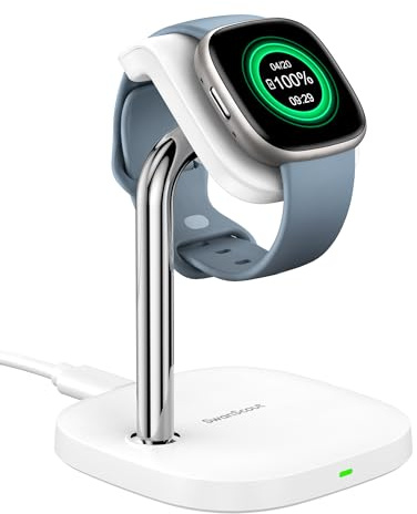 SwanScout Watch Ladestation für Fitbit Versa 4/Versa 3/Sense 2/Sense | Magnetisches Schnellladegerät, Schnelles Laden, Upgradierte Pin-Design, Einstellbarer Ladewinkel, SwanScout 505FB, Weiß