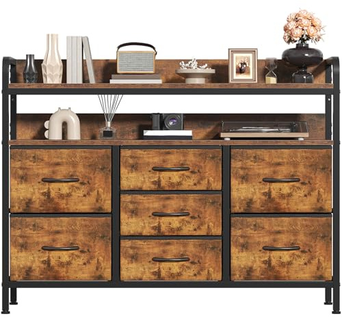 Feonase 7-Drawer Fabric Chest Of Drawers for Bedroom - 4 Large and 3 Small Drawers with Handles, Storage Organizer with Open Shelf & Sturdy Metal Frame, Ideal for Living Room/Entryway (Rustic Brown)