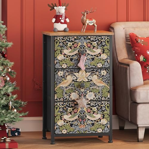 Welfuturer Dresser with 3 Drawers Strawberry Thief Drawer Dresser for Bedroom Vintage Nightstand Small Dressers & Chests of Drawer for Halfway Entryway Living Room Sturdy Steel Frame Wood Top, Brown