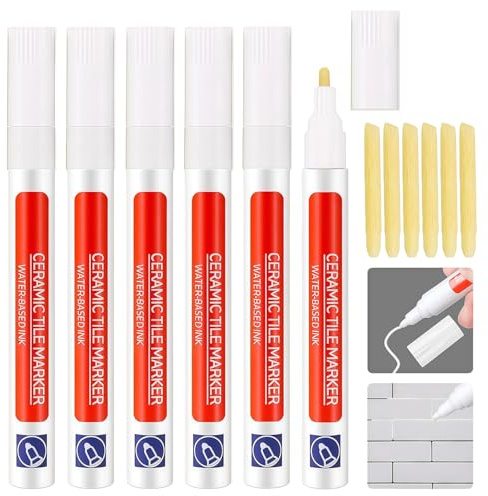 Omeblos Rotulador de lechada blanco, 6 unidades para azulejos de punta de 2 mm con puntas de repuesto antilechada, marcadores blancos para restaurar azulejos, lechada, pared, baño, cocina y azulejos