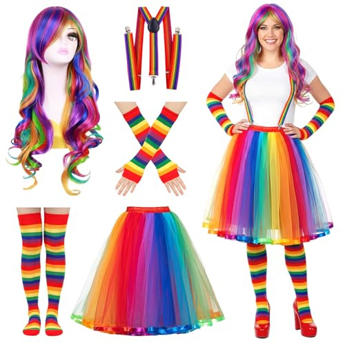 ZJKUBOIS Regenbogen Kostüm Damen,Tüllrock Regenbogen Damen Set 5 Stück,Bunter Rock Karneval mit Perücke Bunt Lang Locken,Riemen Kniestrümpfe Bunt,Kostüm für Karneval,Fasching