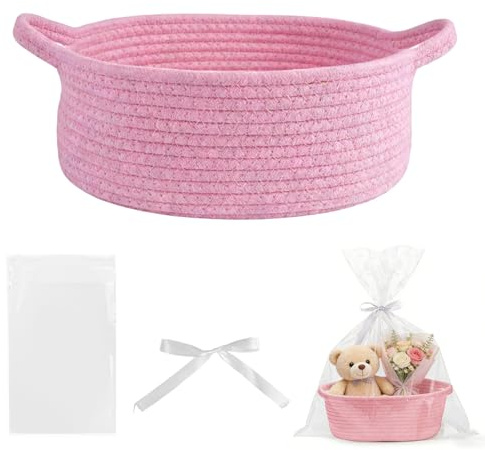 Presentkorg tom flätad korg, 30 x 20 x 12 cm presentkorg tom rosa bomullsrep vävning, med presentpåsar och band gåva korg Empty, för födelsedag, babyparty, Thanksgiving, jul