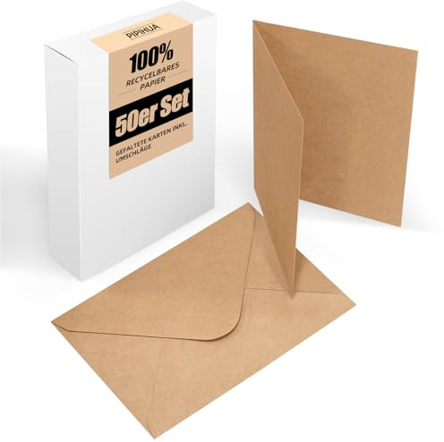 50er Set Klappkarten Blanko mit Umschlag: Klapp-Karten zum Selbstgestalten, Beschriften oder Bedrucken für Grußkarten, Hochzeitseinladungen, Postkarten und handgemachte Karten - DIN A6/C6, Braun