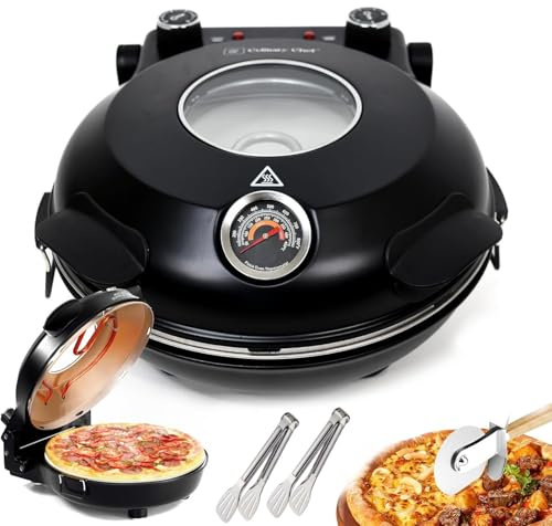 Portable Electric Pizza Oven, 1200W with Stone Base, Glass Window, Adjustable Time & Temperature up to 420℃, Indoor Use for Pizza, Crepes, and Pancakes