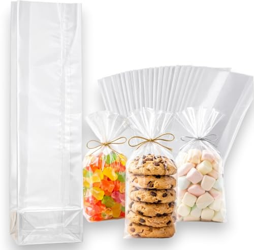 KORAT 50 Bustine Trasparenti per Alimenti con Fondo Quadrato, Sacchetti Plastica OPP per Caramelle, Confetti, Dolci, Biscotti e Regali Buste Porta Dolci Resistenti, Food Safe (6x4x20 cm)